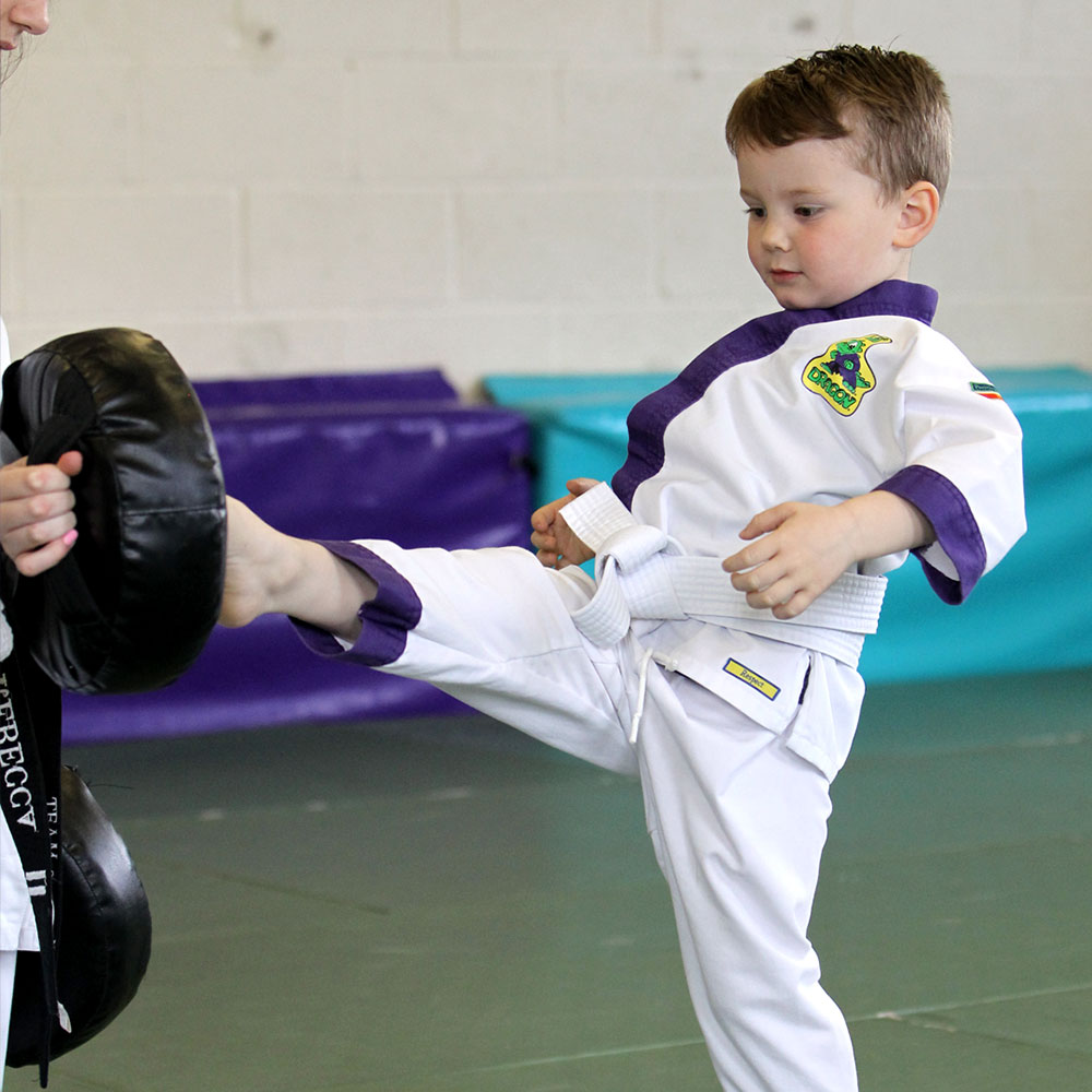Child performing martial arts front kick